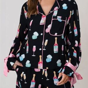 Elegant Black Pajama Set with Champagne Print